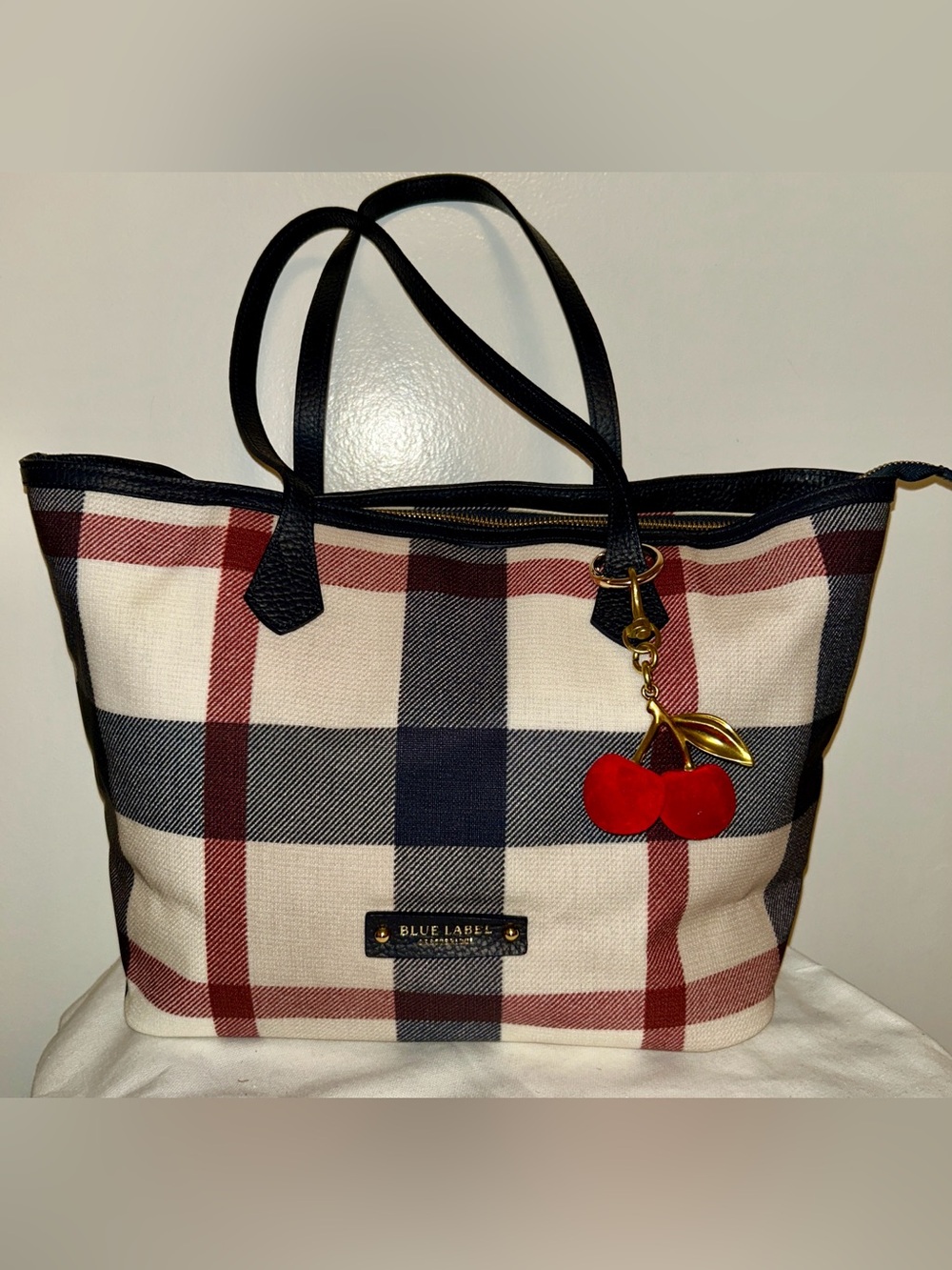 Blue Label Crest bridge (Burberry) Tote Bag with Cherry Charm.  Like New!